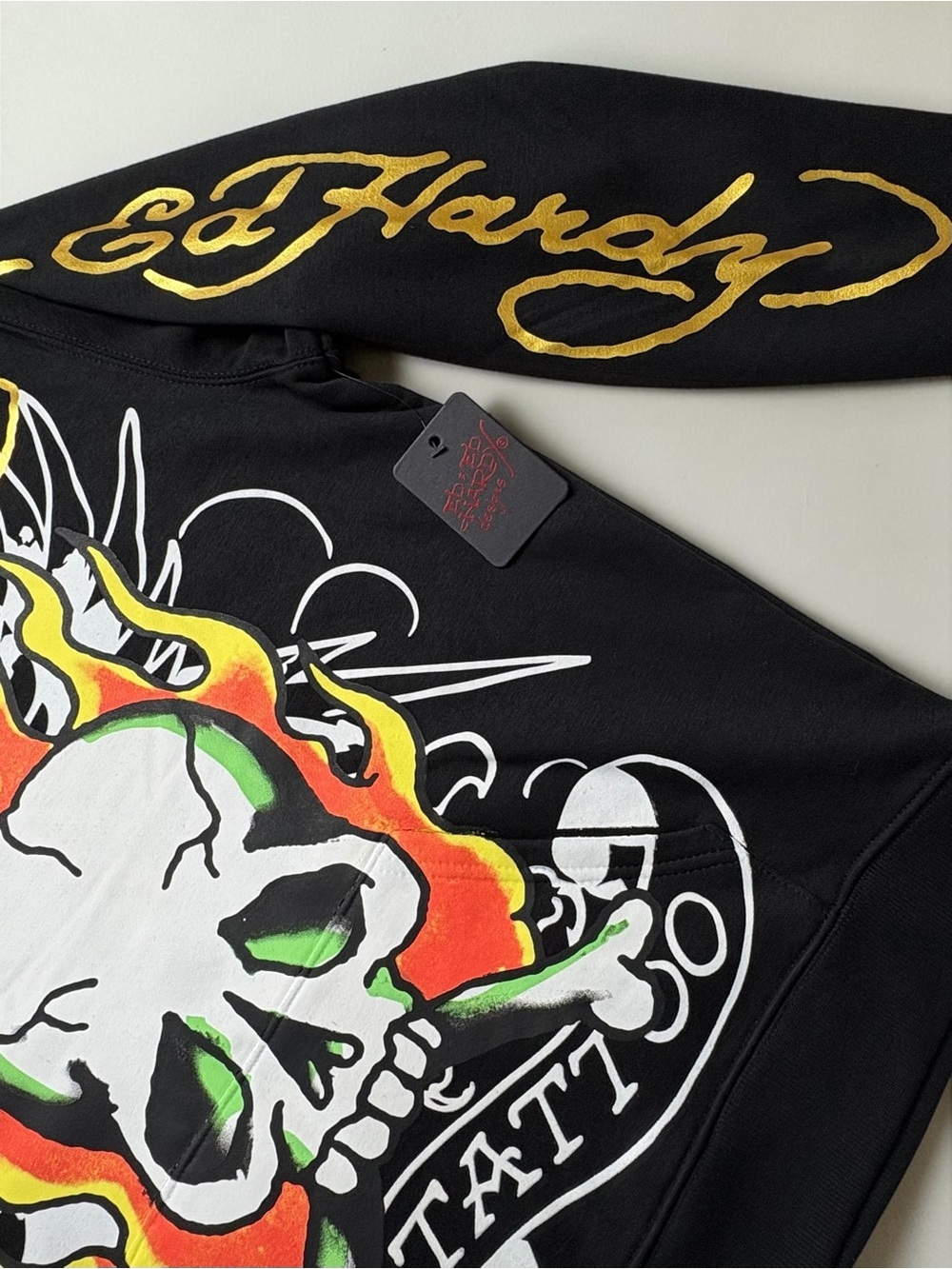 NWT Ed Hardy Black Fire Skull Tattoo Pullover Hoodie Size L EHM1300-58 - Picture 5 of 15